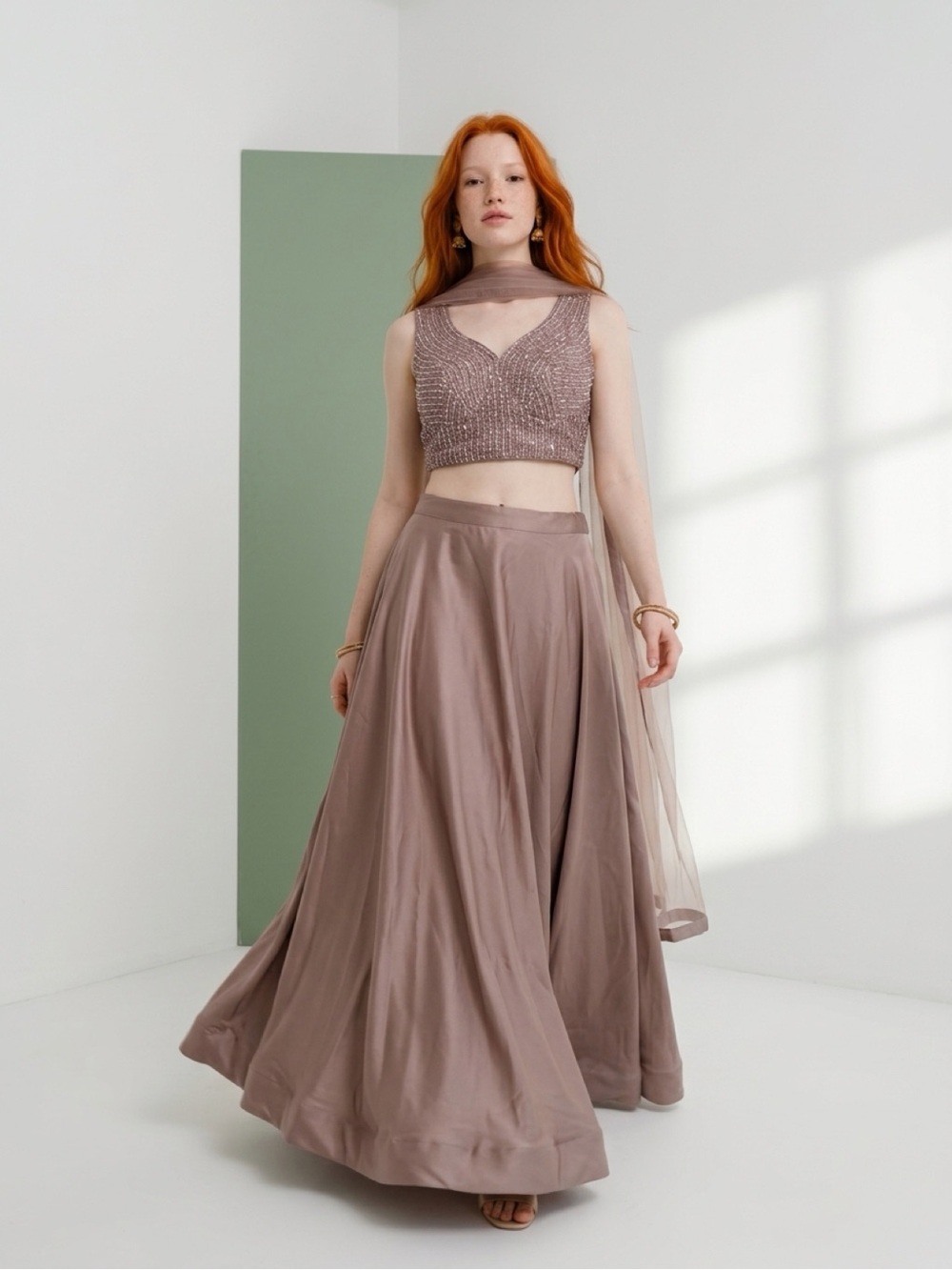Mauve elegant silk skirt and embellished crop top with scarf- Lehenga